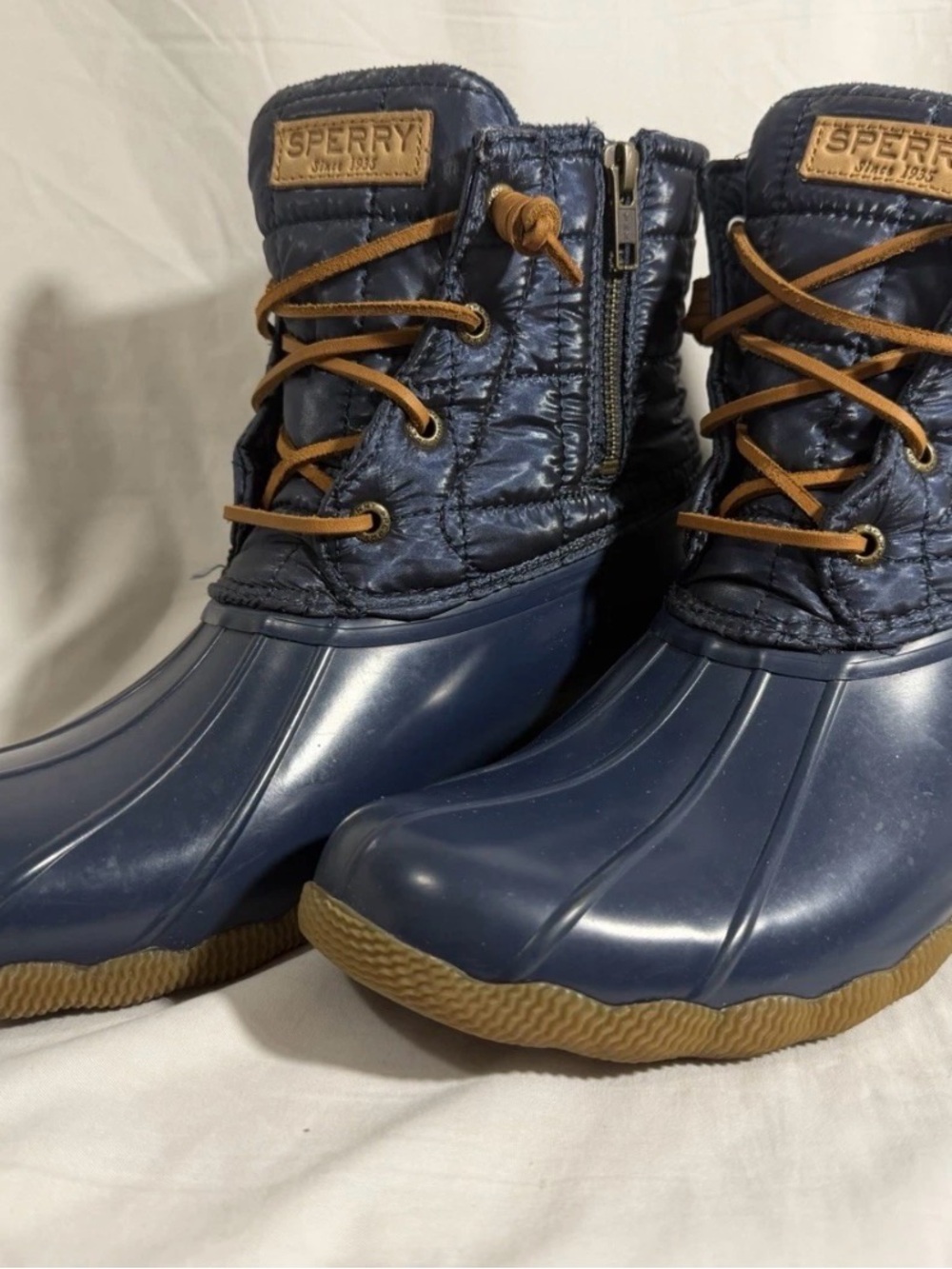 Sperry Navy and Tan Quilted Waterproof Duck Boots - Size 10